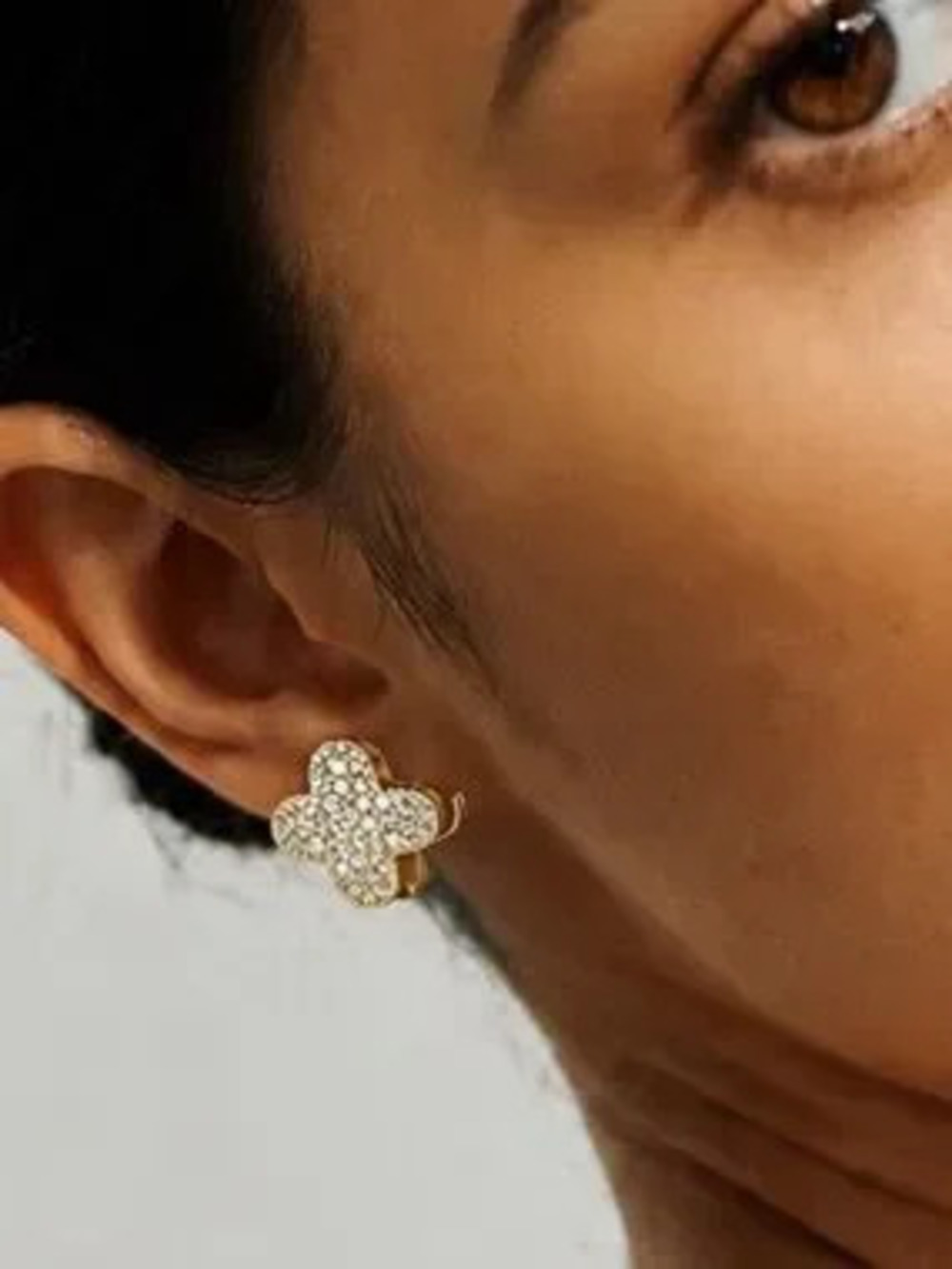 Gold Quatrefoil CZ Paved Huggie Earrings (4528)